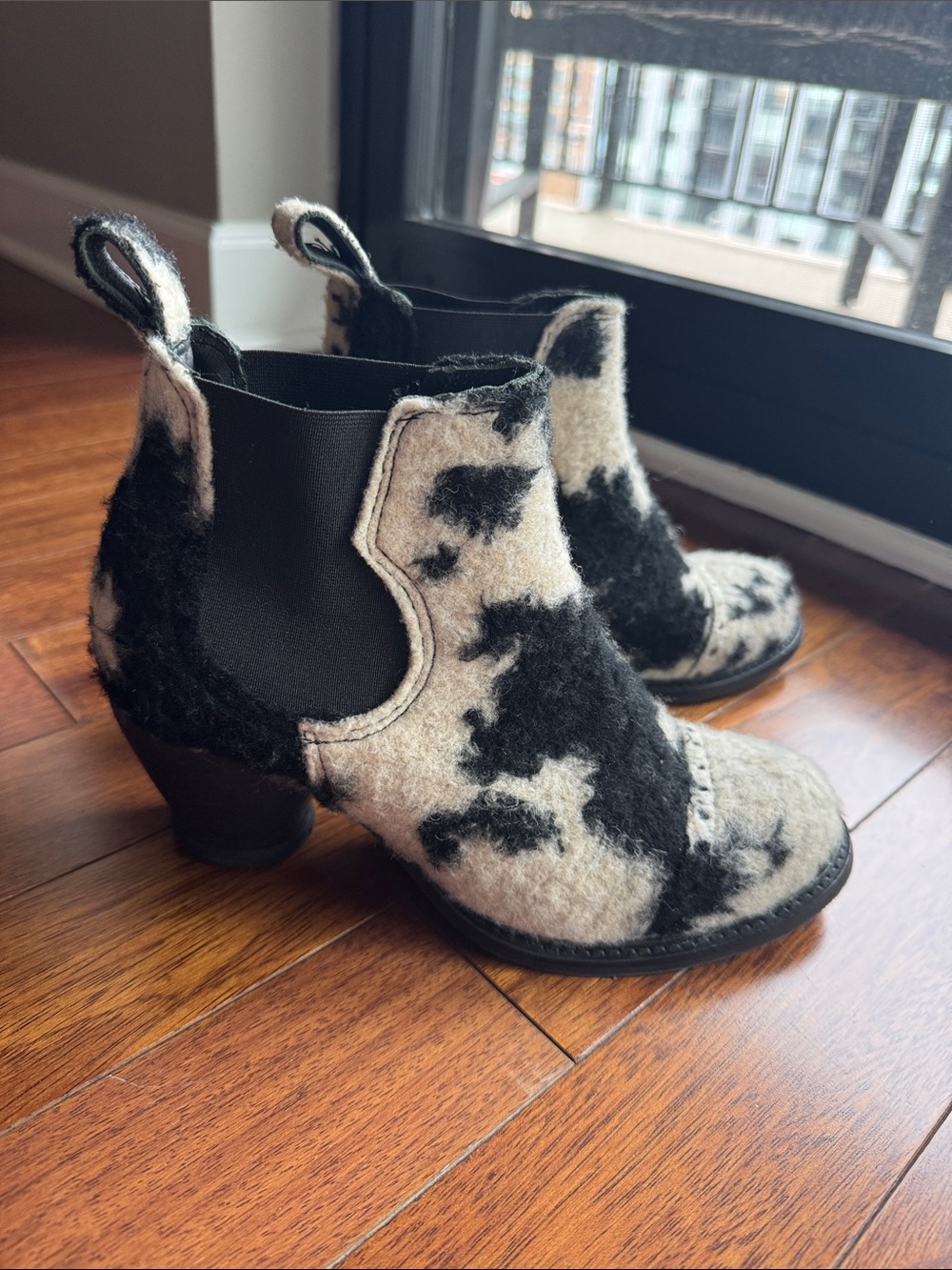 John Fluevog x Anna Sui Black & White Cowprint Chelsea Boots 7.5